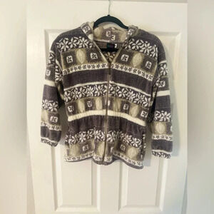 Vintage Women’s REI Peplum‎ Eggplant Cream Print Hooded Jacket. Size Medium.